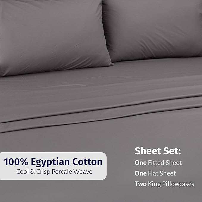 California Design Den California King Sheets Set - Certified 100% Egyptian Cotton, Lightweight Percale Sheet Set with Deep Pockets, Crisp & Durable Luxury Bedding Set - Grey
