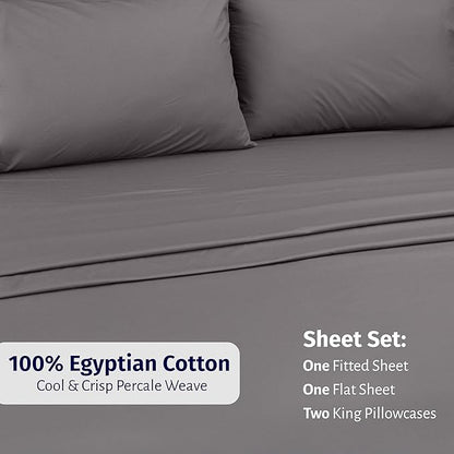 California Design Den California King Sheets Set - Certified 100% Egyptian Cotton, Lightweight Percale Sheet Set with Deep Pockets, Crisp & Durable Luxury Bedding Set - Grey