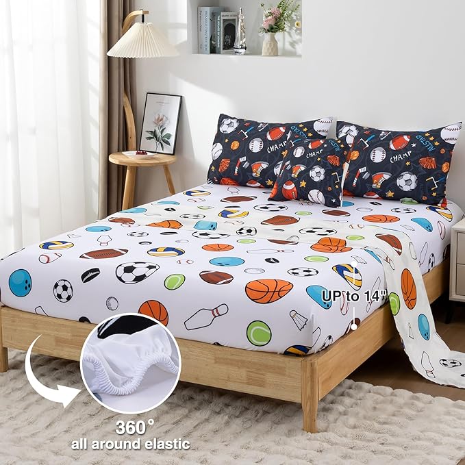 A Nice Night Boys Rugby Balls Comforter Set 6-Piece Bed-in-a-Bag with Sheet Set, Twin Size Polyester Bedding Collections for Kids, Durable & Easy Care, Sports Theme Design for Boys Bedroom