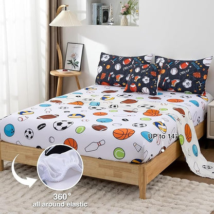 A Nice Night 6Pcs Bed in A Bag Full Sports Microfiber Modern Comforter Set,Gray Rugby Ball Printed Bedding Collections,for Boys Kids Teen