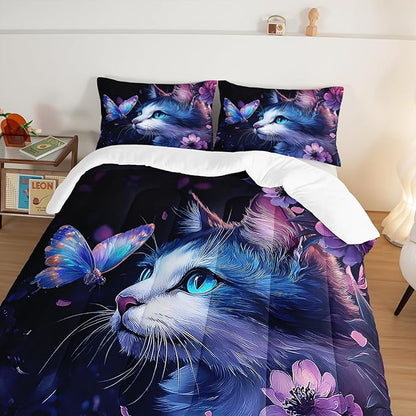 Kids Cat Comforter Set Full Size,Fantasy Cats Butterfly Flowers Bedding Set for Kids Girls Kawaii Room Decor,Cute Little Animal Themed Toddler Bedding Set with 2 Pillowcases.