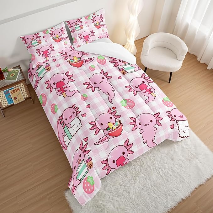 HOSIMA Axolotl Comforter Set Queen Size for Kids Girls,Pink Cartoon Axolotl Eat Dessert Printing Bedding Set Queen Size for Princess Bedroom Decor with Two Pillowcases.