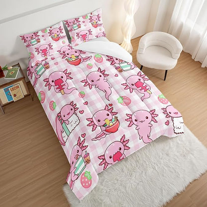 HOSIMA Axolotl Comforter Set King Size for Kids Girls,Pink Cartoon Axolotl Eat Dessert Printing Bedding Set King Size for Princess Bedroom Decor with Two Pillowcases.