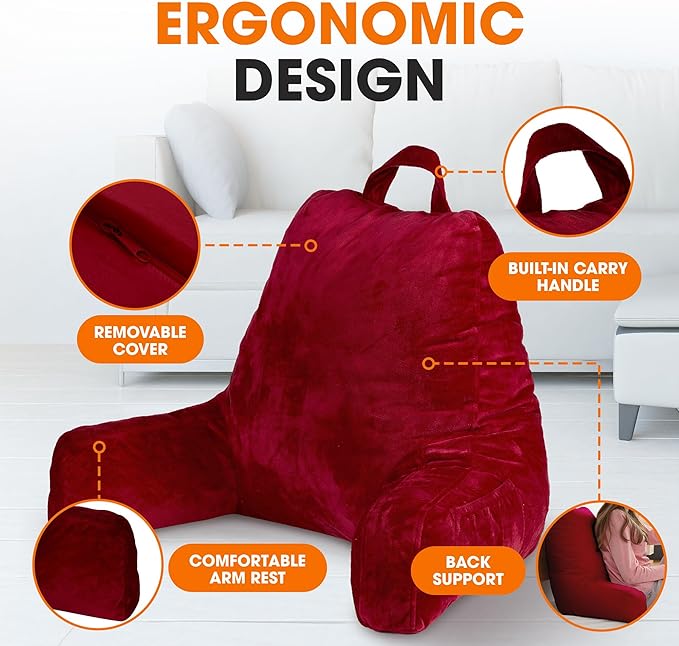 Cheer Collection Reading Pillow with Arms – Portable Bed Pillow for Sitting Up & Support, Foam-Filled Back Rest Pillow for Sitting in Bed & Couch, Machine Washable Maroon (Large)