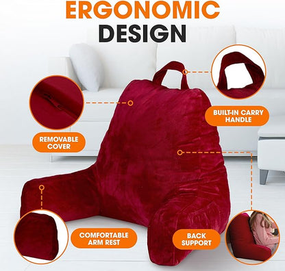 Cheer Collection Reading Pillow with Arms – Portable Bed Pillow for Sitting Up & Support, Foam-Filled Back Rest Pillow for Sitting in Bed & Couch, Machine Washable Maroon (Large)