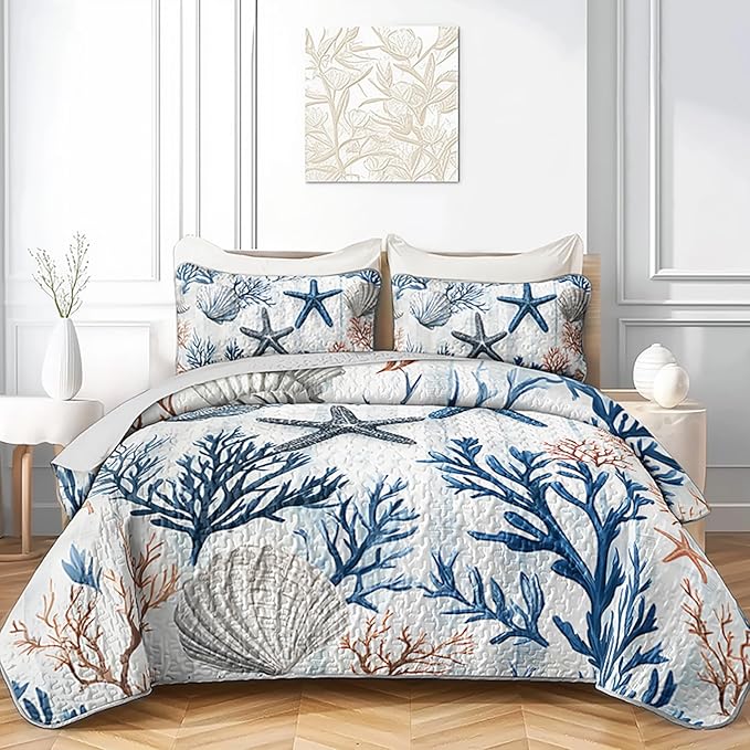 QOOMO Coastal Quilt Set King Size,Starfish Coral Nautical Bedspread Coverlet Set,Ocean 3Pcs Bedding Set Printed Quilt with 2 Pillowcases,Soft and Lightweight,for All Seasons