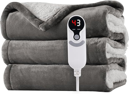 Electric Heated Blanket 72"x84" Full Size - Flannel & Sherpa Fabric Dual-Sided, 6 Heat Settings & 1-10 Hours Auto Off, Soft & Cozy Warming Throw for Home, Office, or Bed, Machine Washable, Light Gray