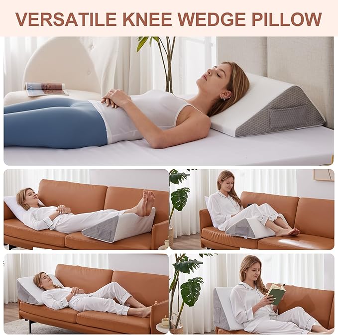 Knee Wedge Pillow, Memory Foam Leg Pillow Bed Wedge for Sleeping, Post Surgery Triangle Pillow Wedge for Knee Support, Leg Elevation, Knee Hip Back Pain Relief (23.6" x 23" x 7.9", Large Size, White)