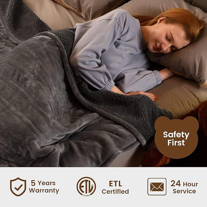 Bearhug Electric Blanket Twin Size 62" x 84", Velvet & Sherpa Heated Blanket, 10 Heating Levels & 1-12H Auto Off, Over-Heat Protect, ETL Certification, Machine Washable