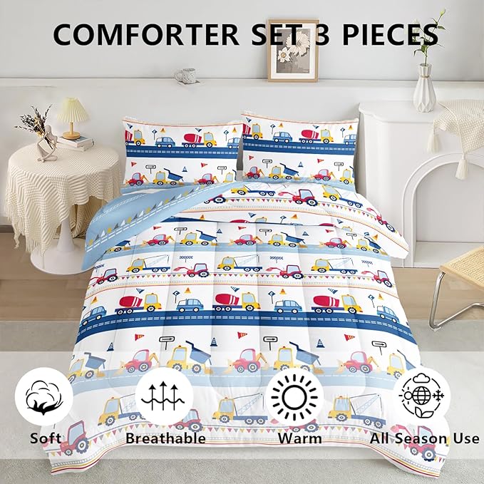 Axolotl Cartoon Car Kids Comforter Set King,Construction Bedding for Boys,Trucks Excavator Tractor Bed Set for Teens Adults Girls,3 Piece Colorful Cars Bedding with 1 Quilt 2 Pillowcases Blue Red