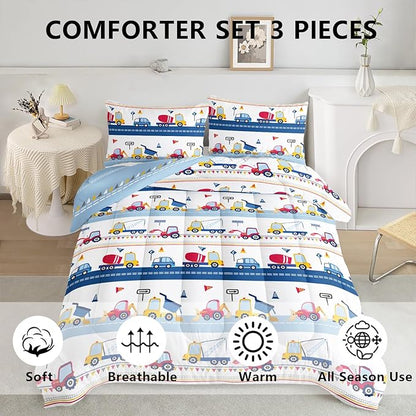 Axolotl Cartoon Car Kids Comforter Set King,Construction Bedding for Boys,Trucks Excavator Tractor Bed Set for Teens Adults Girls,3 Piece Colorful Cars Bedding with 1 Quilt 2 Pillowcases Blue Red