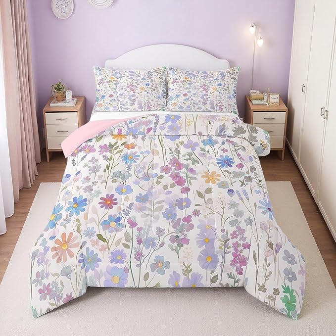 Erosebridal Cute Blue Floral Queen Comforter Set for Kids Girls Boys,Colorful Boho Flowers Bedding Set Rustic Country Home Decor,Watercolor Flower Quilt Bed Set Wildflower Bed Comforter Set 3Pcs