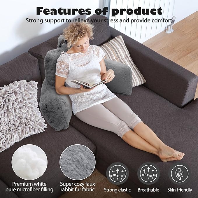 Reading Pillow for Sitting in Bed Adult, Standard Reading Pillow with Memory Foam, Back Pillow for Bed Sitting Up with Extend Arms, Grey