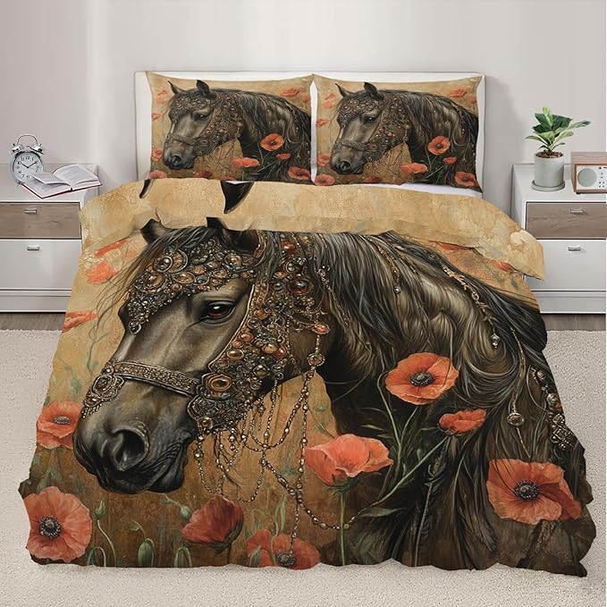 Horse Duvet Cover Twin Size, Poppy Fields Horses Bedding Set 2 Piece Kids and Adults Vintage Rural Farmhouse Comforter Cover with Zipper Ties & 1 Pillowcases
