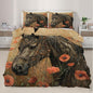 Horse Duvet Cover Twin Size, Poppy Fields Horses Bedding Set 2 Piece Kids and Adults Vintage Rural Farmhouse Comforter Cover with Zipper Ties & 1 Pillowcases
