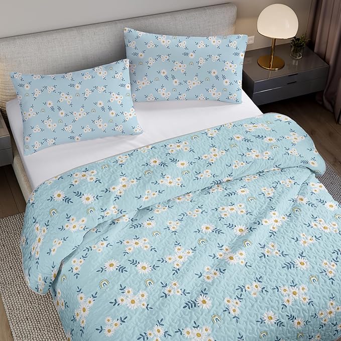 QOOMO Daisy Quilt Set King Size,Rainbow Bedspread Coverlet Set,Floral 3Pcs Bedding Set Printed Quilt with 2 Pillowcases,Soft and Lightweight,for All Seasons