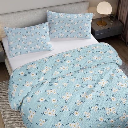 QOOMO Daisy Quilt Set Twin Size,Rainbow Bedspread Coverlet Set,Floral 3Pcs Bedding Set Printed Quilt with 2 Pillowcases,Soft and Lightweight,for All Seasons