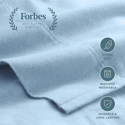 Bare Home Flannel Sheet Set 100% Cotton, Velvety Soft Heavyweight - Double Brushed Flannel - Deep Pocket (Queen, Light Blue)
