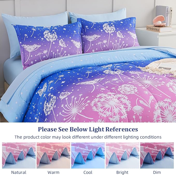 Menghomeus Girls Comforter Set Twin Size 5 Pieces Bed in A Bag Ombre Blue Pink Bedding Set Dandelion Butterfly Print Kids Bedding Collections