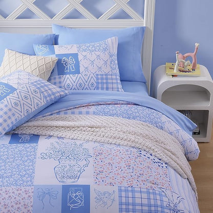 Queen Comforter Set for Girls, Cute Blue Bow Bedding 7 Pieces Kids Bed Set, All Season Bed in a Bag with Sheets, Pillowcases & Shams