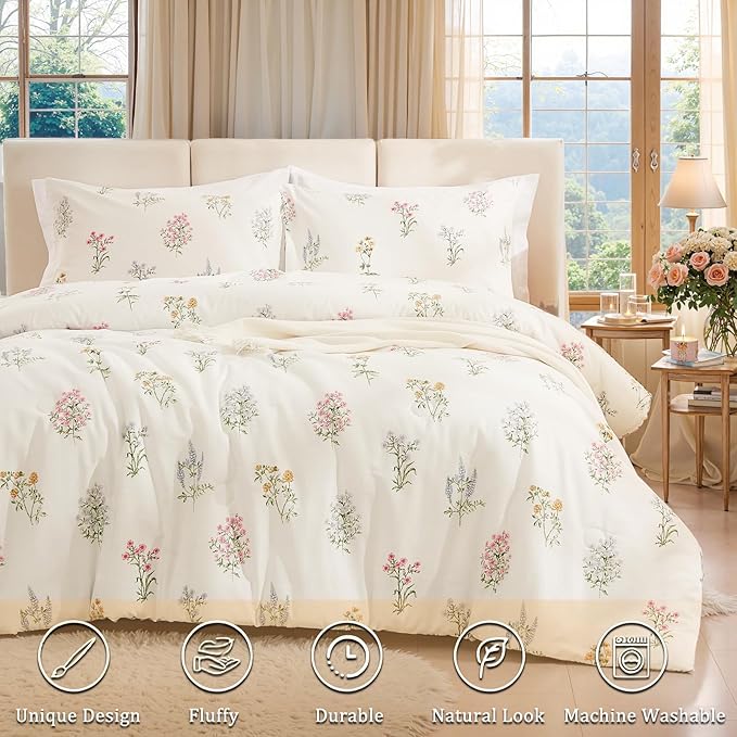 100% Washed Cotton Duvet Cover Twin Size - Linen Like Reversible Durable Soft Floral Duvet Cover Sets, 2 Pieces White Comforter Cover with Zipper Closure