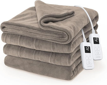 Sunbeam Electric Royal Luxe Microplush Heated Blanket, 12 Heat Settings, 12-Hour Auto Shut-Off, Fast Heating, Warm & Cozy, Machine Washable, Mushroom Color, Queen (90" x 84")