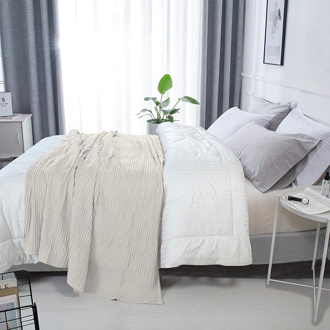 HILLFAIR 100% Combed Cotton Blanket–102x108 Inch California King Size Bed Blankets– Warm Soft All Season Breathable Blankets– Extra Large Oversized California King Blanket- Ivory King Cotton Blankets