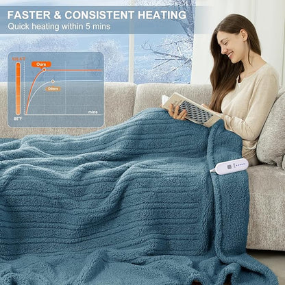Heated Blanket Twin 62"X84" - Soft Double Sided Sherpa Electric Blanket Twin with 5 Heatings Levels & 10 hrs Auto Shut Off, Fast Heating & ETL Certified, Gift for Women(Blue)