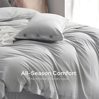 JELLYMONI 100% Washed Cotton Duvet Cover King – Soft, Breathable Linen-Look Bedding with Natural Wrinkle Texture, Button Closure, 3-Piece Set (Pale Grey, 104"x90")