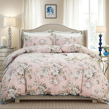 Floral Duvet Cover King Size Soft 100% Nature Cotton Vintage Style Pink Bedding Set with Zipper Closure 3 Pcs Cottagecore Botanical Duvet Cover, Ultra Soft, Breathable