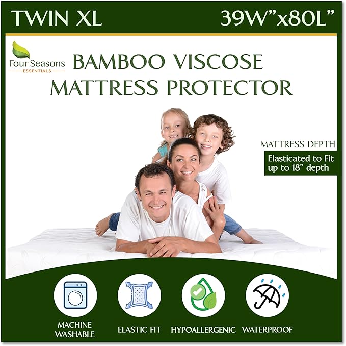 Four Seasons Essentials Twin Extra Long (XL) Size Waterproof Mattress Protector - Cooling Viscose derived from Bamboo Fitted Sheet Mattress Cover - Quilted Jacquard Pad Protects from Dust Allergens