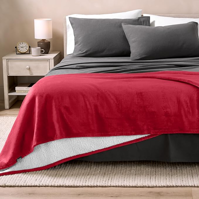Bare Home Sherpa Fleece Blanket - Full/Queen Size - Blanket for Bed, Sofa, and Couch - Warm & Lightweight - Fluffy & Soft - Reversible (Full/Queen, Red)