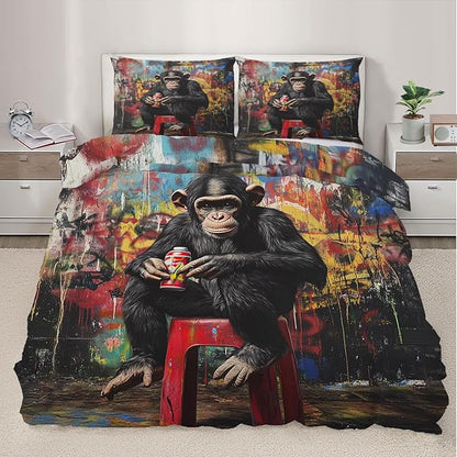 Gorilla Duvet Cover King Size, Street Graffiti Gorilla Bedding Set 3 Piece Bedroom Decor Fun Colorful Patterned Comforter Cover with Zipper Ties & 2 Pillowcases