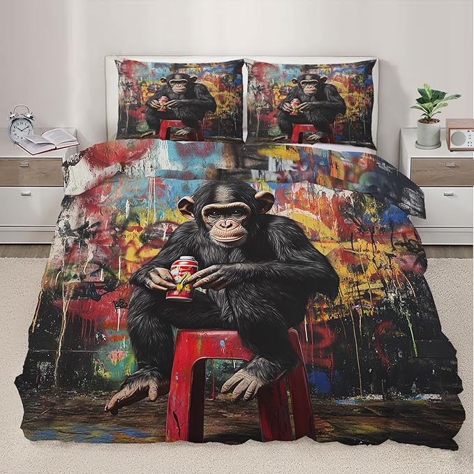 Gorilla Duvet Cover Oversized King Street Graffiti Gorilla Bedding Set 3 Piece Bedroom Decor Fun Colorful Patterned Comforter Cover with Zipper Ties & 2 Pillowcases