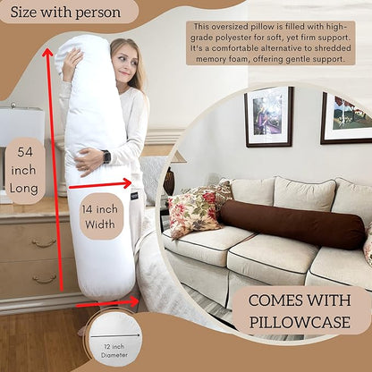 King Size Extra Long Round Body Pillow - 54x12 Bolster Pillow for Bed Extra Soft Body Pillow with Removable Pillowcase, Maternity Pillow - Brown