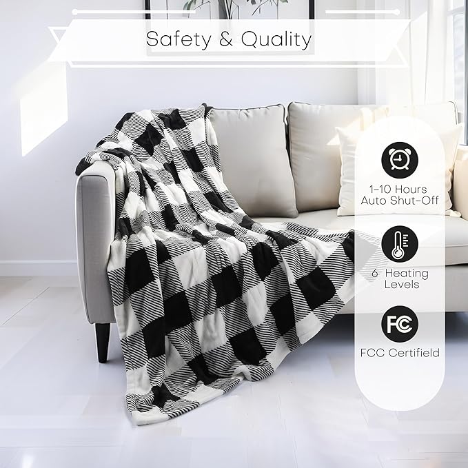 LUXIAN Electric Heated Blanket Queen Size 84"x90" - Flannel & Sherpa Fabric Dual-Sided, 6 Heat Settings & 1-10 Hours Auto Off, Machine Washable, Striped Checkered