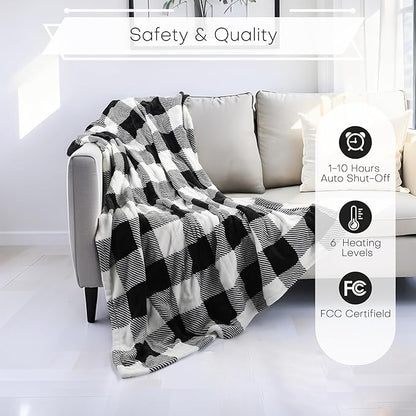 LUXIAN Electric Heated Blanket Queen Size 84"x90" - Flannel & Sherpa Fabric Dual-Sided, 6 Heat Settings & 1-10 Hours Auto Off, Machine Washable, Striped Checkered