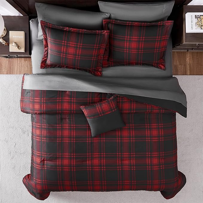 MaiRêve King Comforter Set, Classic Red Black Plaid Bedding Set 7 Pieces, Farmhouse Lightweight All Season Bed in a Bag with Sheets, Pillowcases & Shams