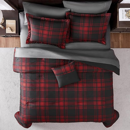 MaiRêve King Comforter Set, Classic Red Black Plaid Bedding Set 7 Pieces, Farmhouse Lightweight All Season Bed in a Bag with Sheets, Pillowcases & Shams
