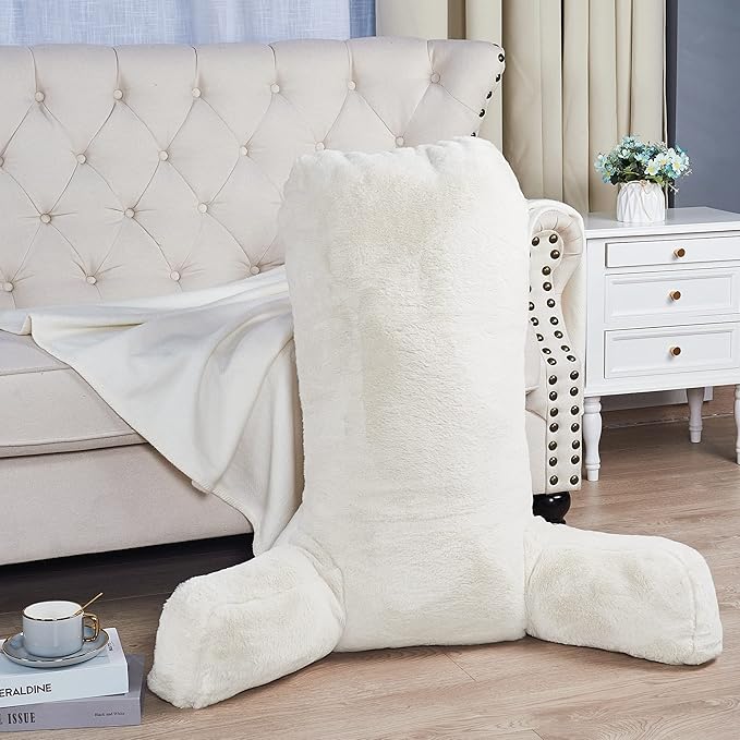 Home Soft Things Fox Faux Fur Bedrest Reading Pillow with DIY Filling, Need Assembly, Backrest Armrest Pillow Chair Back Support for Sitting up in Bed, Gardenia, 28" x 30" x 17"