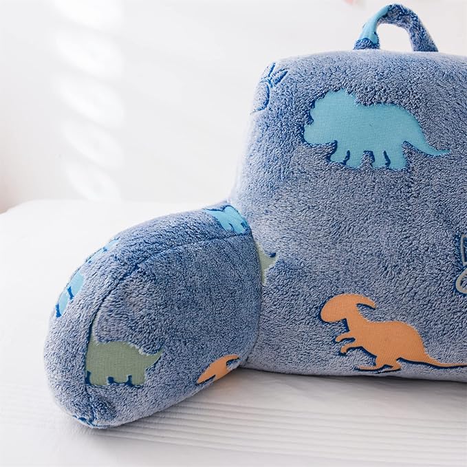Aimuan Reading Pillow Glow in The Dark Bed Rest Wedge Kids Glow Backrest Pillow Dinosaur Print with Arms Back Support for Sitting Up in Bed Cushion, Orange-Blue