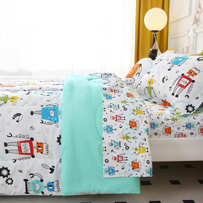 Mooreeke Full Size Comforter Sets for Boys Kids, 8 Pieces Bed in a Bag White Robot Bedding Comforter Sheet Set with Shams and Decorative Toy Pillow, Ultral Soft Microfiber Kids Bed Set