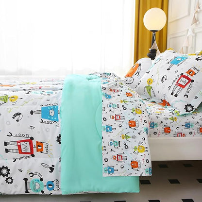 Mooreeke Twin Size Comforter Sets for Boys Kids, 6 Pieces Bed in a Bag White Robot Bedding Comforter Sheet Set with Shams and Decorative Toy Pillow, Ultral Soft Microfiber Kids Bed Set