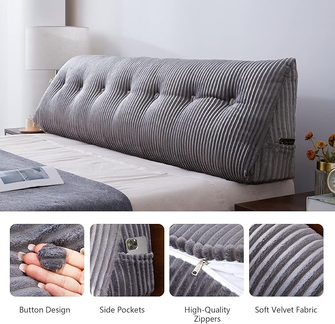 Large Headboard Pillow Headboard Wedge Pillow Bed Rest Reading Pillow Bolster Triangular Pillow for Sitting in Bed-Backrest Positioning Support Long Pillow for Daybed (Twin: 39x8x20 Inches,Grey)