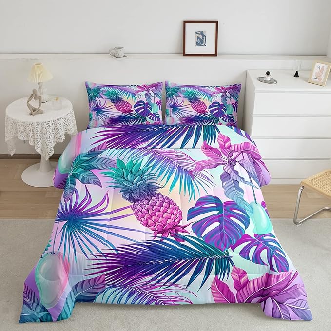 Feelyou Cartoon Pineapple Comforter Palm Leaves Bedding Set for Kids Boys Girls Tropical Botanical Comforter Set Watercolor Purple Blue Decor Quilt Set Bedroom Collection 3Pcs Full Size