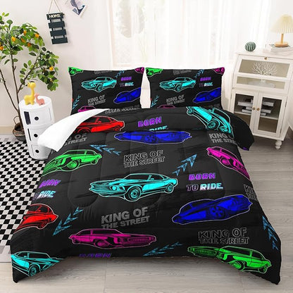 AILONEN Racing Car Comforter Set Twin Size, Fast and Furious Extreme Sport Games Bedding Sets for Kids Boys Teens,Cartoon Sports Car Bed in a Bag,1 Quilt and 2 Pillowcases,3 Pieces