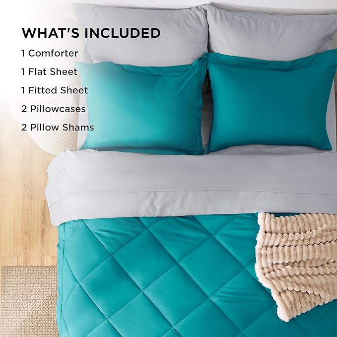 Bedsure King Size Comforter Set - 7 Pieces Reversible Teal Bedding, King Size Bed Set for All Seasons, Bed in a Bag with Down Alternative Comforter, Sheets, Pillowcases & Shams