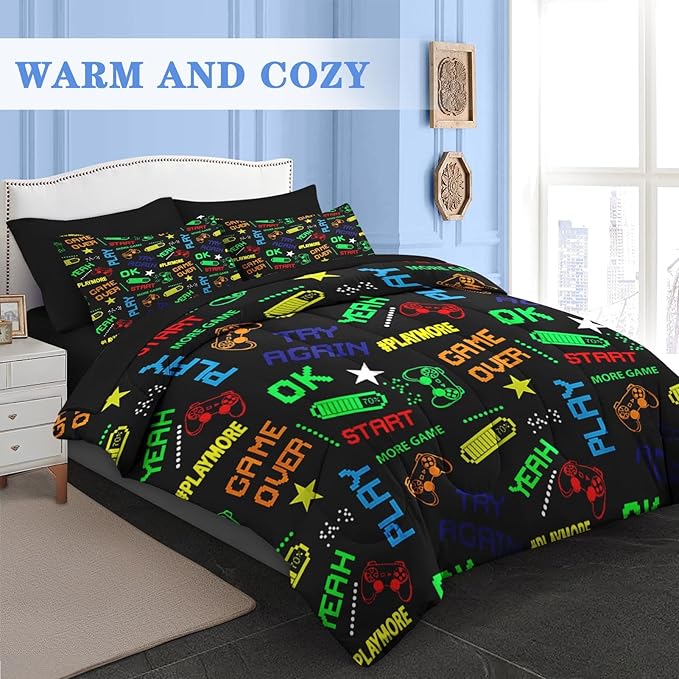 Comforter Set Queen Size, Retro Computer Gamepad 7 Pcs Bedding for Kids and Adults, Cartoon Video Game Bed Sheet Sets with Fitted Sheet 2 Pillowcases & 2 Shams for Bedroom Bed Decor