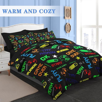 Comforter Set Queen Size, Retro Computer Gamepad 7 Pcs Bedding for Kids and Adults, Cartoon Video Game Bed Sheet Sets with Fitted Sheet 2 Pillowcases & 2 Shams for Bedroom Bed Decor