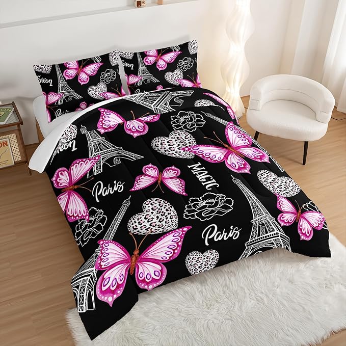 Pink Butterfly Comforter King Bedding Sets for Girls, Eiffel Tower Leopard Heart Pattern Bedding Sets with 2 Pillowcases,Aesthetic Bedding for Women Girls Bedroom Paris Decor.